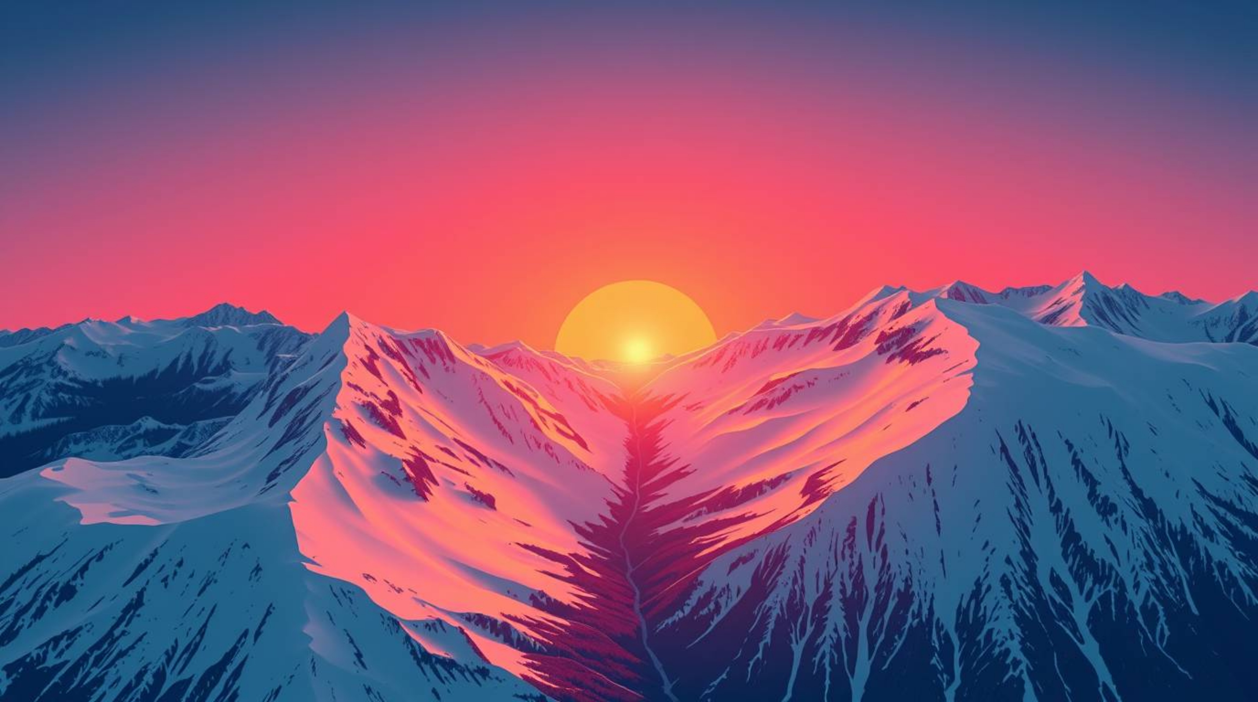 A captivating illustration showcases snow-capped mountains bathed in the warm glow of a pastel sunset. The image employs a s