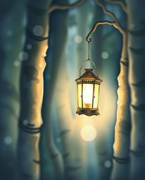 A captivating watercolor painting depicts a glowing lantern in a dark forest.  The high contrast, low key lighting creates a 