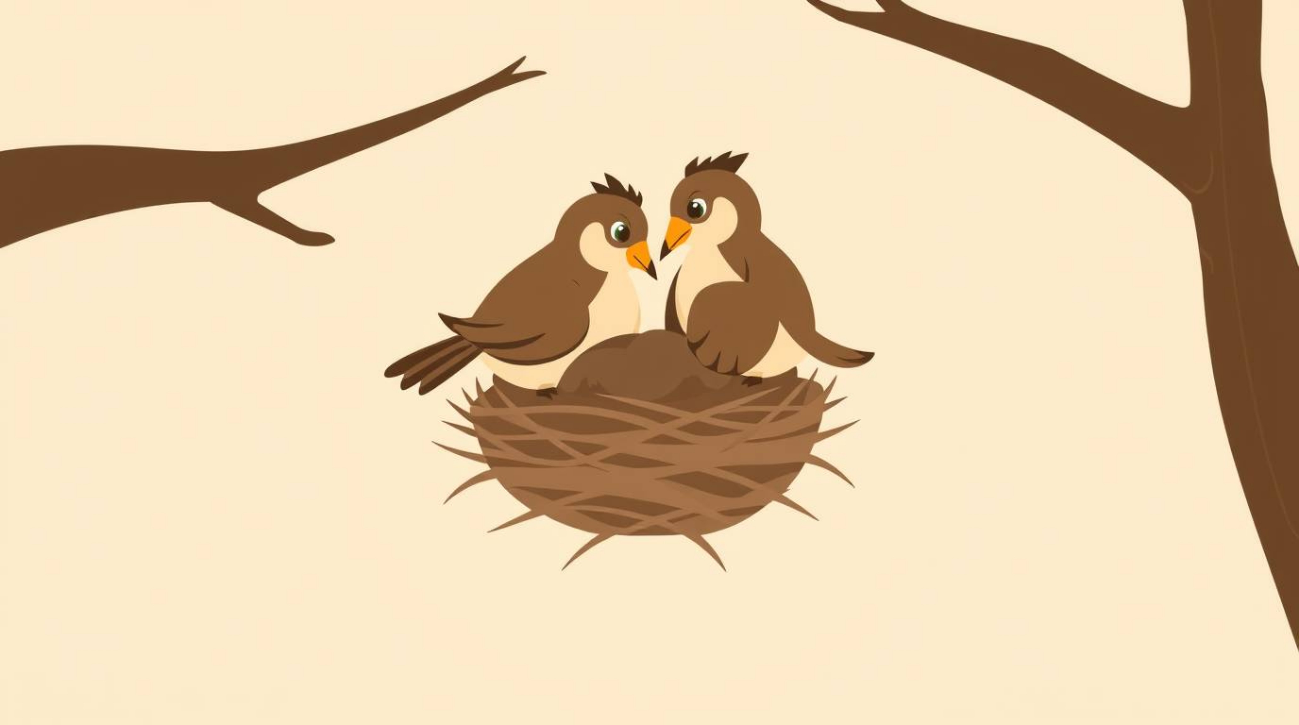 Delightful illustration of two cartoon birds diligently constructing a nest.  Rendered in a classic animation style with a mo