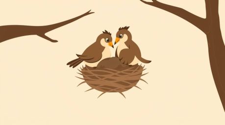 Delightful illustration of two cartoon birds diligently constructing a nest. Rendered in a classic animation style with a mo