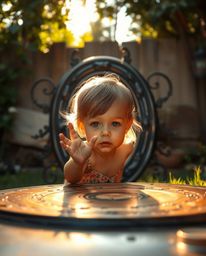 A sun-kissed child stumbles upon a magical portal hidden in their backyard, bathed in the warm glow of golden hour. The anti