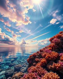 A digital artwork depicting a coral reef at low tide under a colorful sky from a bird's eye view. This piece is rendered in a