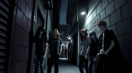 Explore a gritty urban scene featuring rebellious teens in a grungy city alley. This image showcases smooth gradient transiti