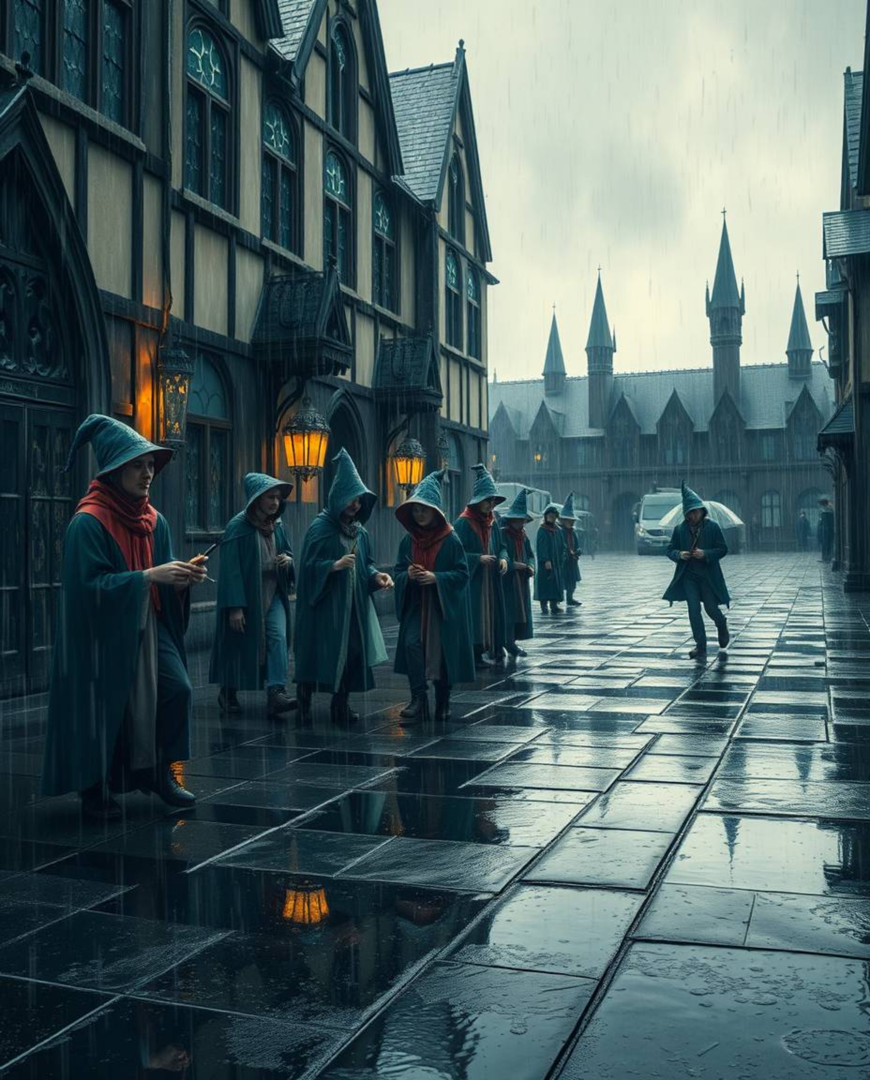 Explore a magical school teeming with young wizards, vividly portrayed in a wet and rainy scene. The atmosphere is thick with