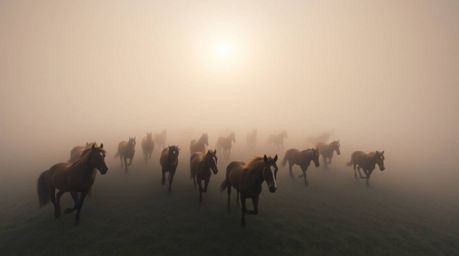 Capture the breathtaking scene of a herd of wild horses galloping beneath a radiant sky, partially veiled by a dense fog. Thi