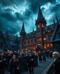 Step into a magical school where young wizards hone their skills under stormy skies, enveloped in rich burgundy and deep blue