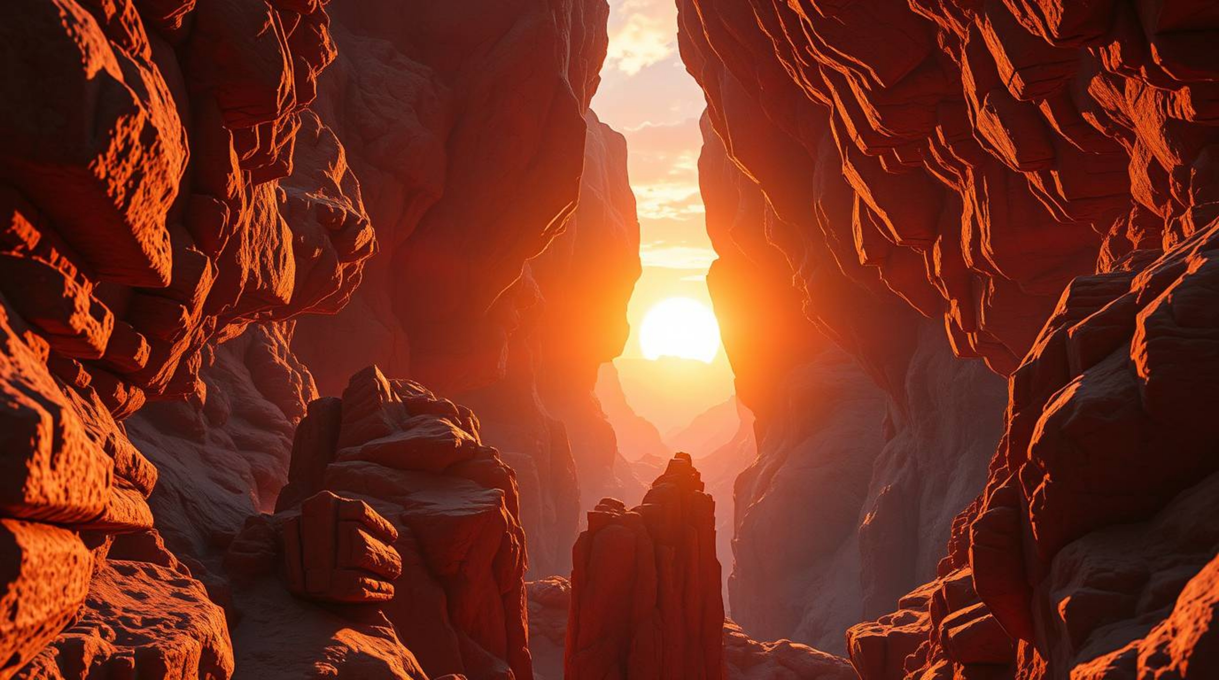 A stunning close-up showcases a rocky canyon illuminated by a warm sunset, rendered in a futuristic sci-fi style.  Advanced t