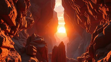 A stunning close-up showcases a rocky canyon illuminated by a warm sunset, rendered in a futuristic sci-fi style.  Advanced t