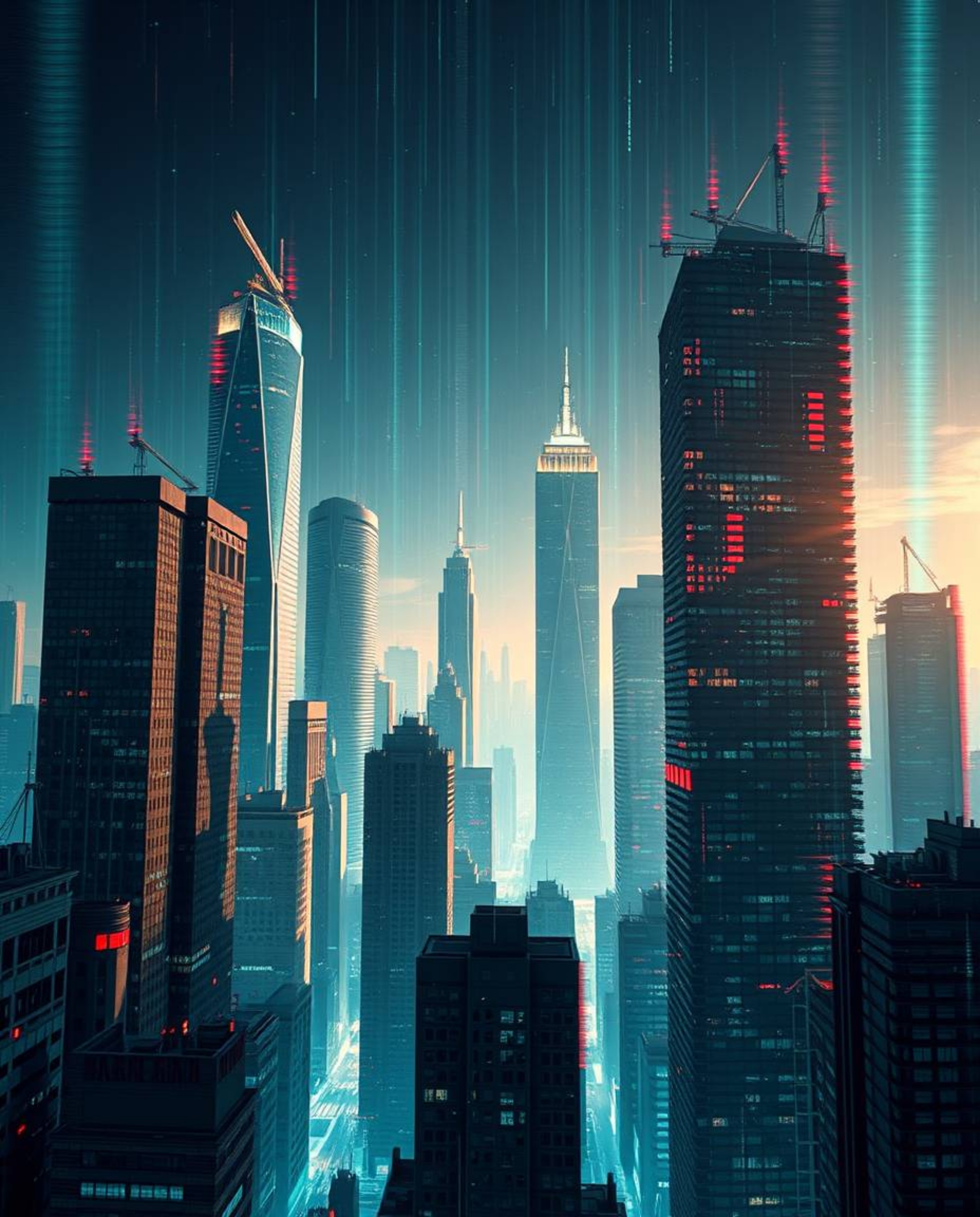 Experience a luxurious and vibrant digital landscape featuring distorted skyscrapers and static noise.  Rendered in rich deep