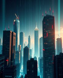 Experience a luxurious and vibrant digital landscape featuring distorted skyscrapers and static noise.  Rendered in rich deep