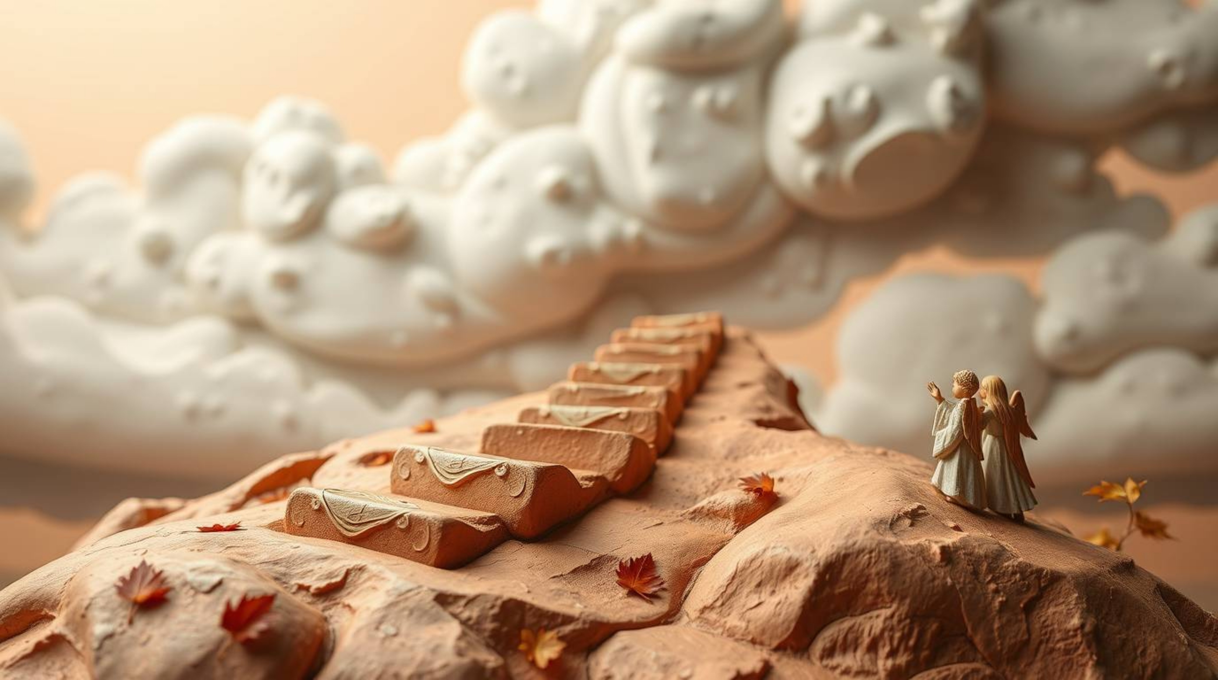 Immerse yourself in the serene beauty of sculptural clay art rendered in warm autumn hues. This piece depicts light steps asc
