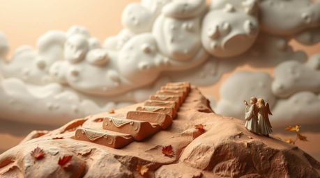 Immerse yourself in the serene beauty of sculptural clay art rendered in warm autumn hues. This piece depicts light steps asc