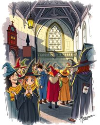 A vibrant, hand-drawn color sketchnote depicts a magical school teeming with young wizards. The illustration utilizes a high