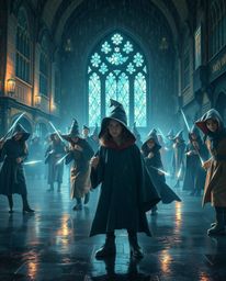 Capture the ethereal beauty of a magical school teeming with young wizards amidst a wet, rainy atmosphere. This spiritual pho