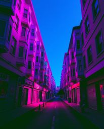 Explore a captivating high-contrast surreal street scene where buildings fold and twist in deep ultraviolet hues. This digita