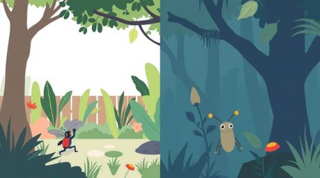 A captivating modern flat design presents a miniature hero's perspective, navigating a vibrant backyard jungle. The artwork e
