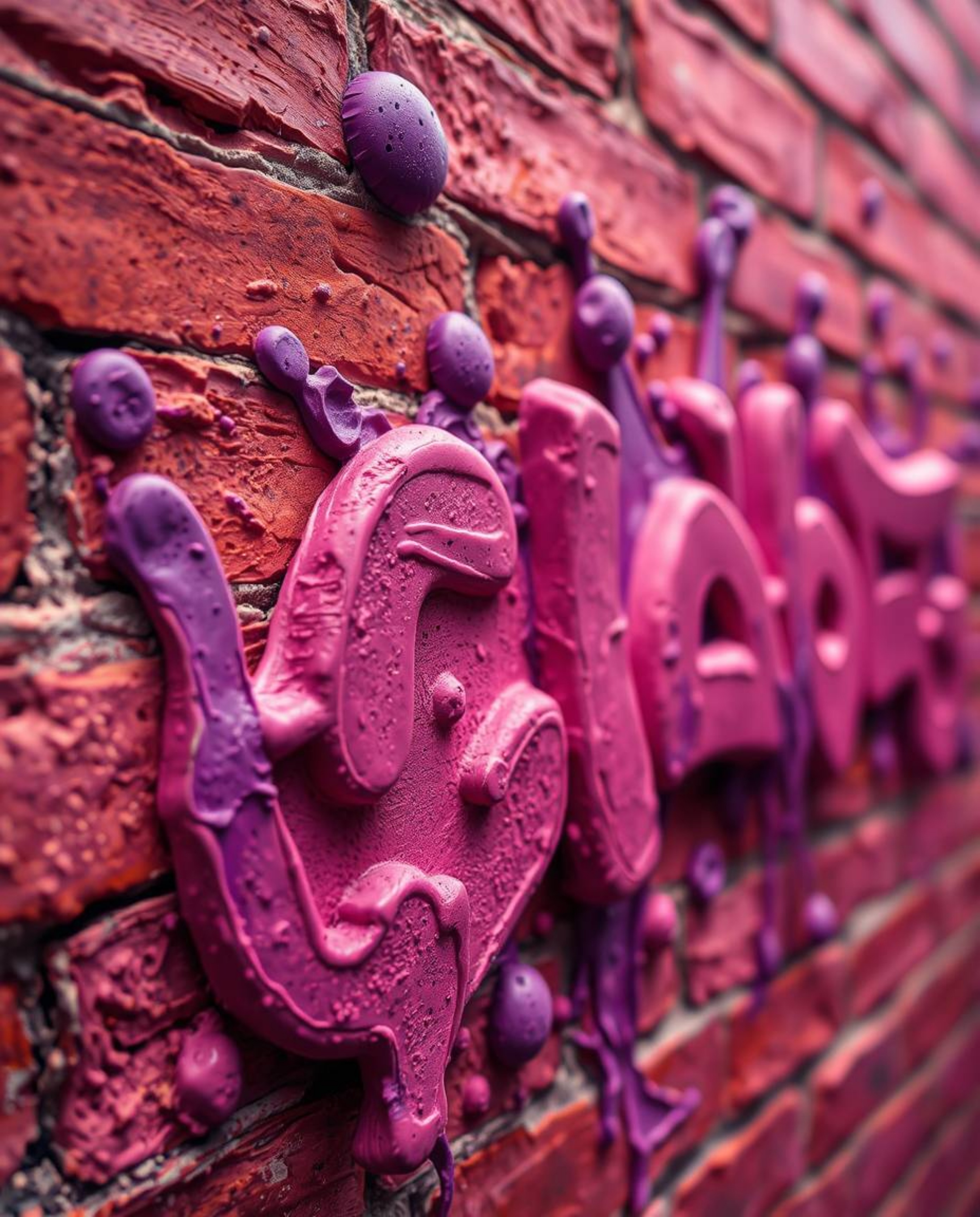 Explore an extreme macro close-up view of sculptural clay art, rendered in deep ultraviolet hues with colorful graffiti-style