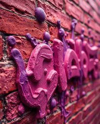Explore an extreme macro close-up view of sculptural clay art, rendered in deep ultraviolet hues with colorful graffiti-style