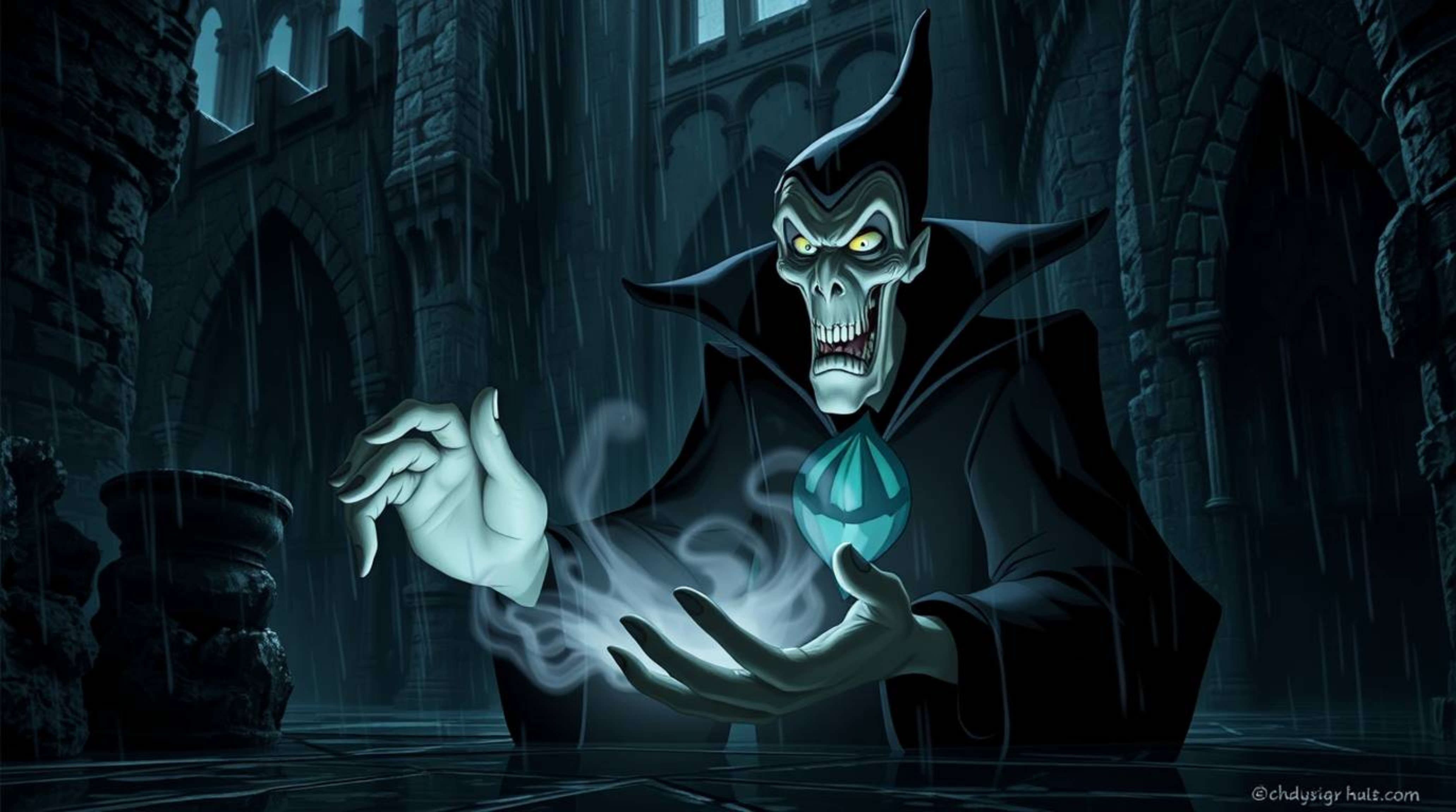 A classic Disney villain, characterized by gaunt features and dark eyes, performs a sinister spell within the crumbling walls