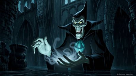 A classic Disney villain, characterized by gaunt features and dark eyes, performs a sinister spell within the crumbling walls