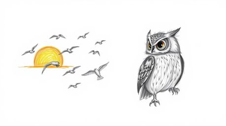 A whimsical, hand-drawn pencil sketch in the style of Pixar depicts a wise blind owl subtly guiding a flock of birds in fligh