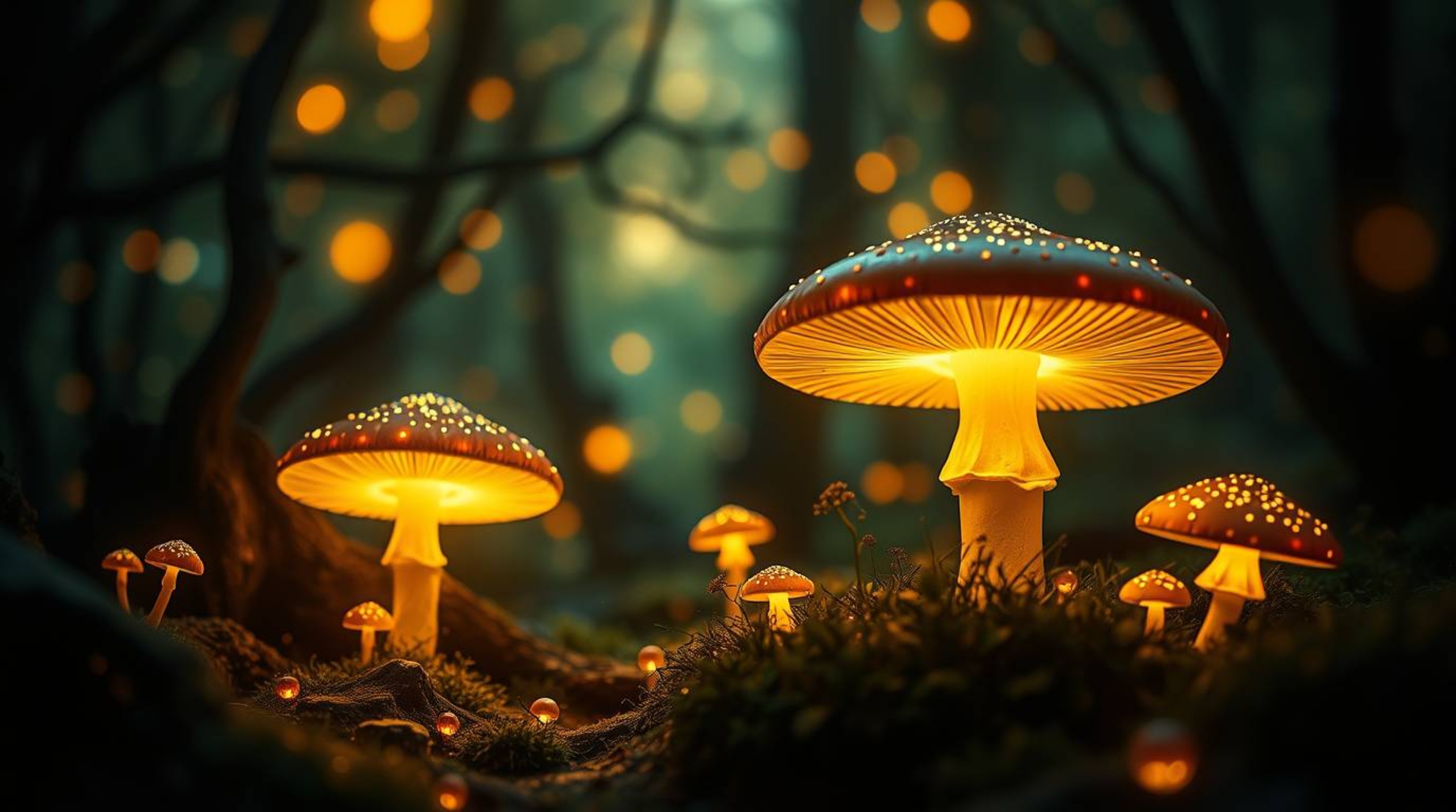 Explore a captivating world where creative light art meets a vintage-style enchanted forest.  Glowing mushrooms illuminate th