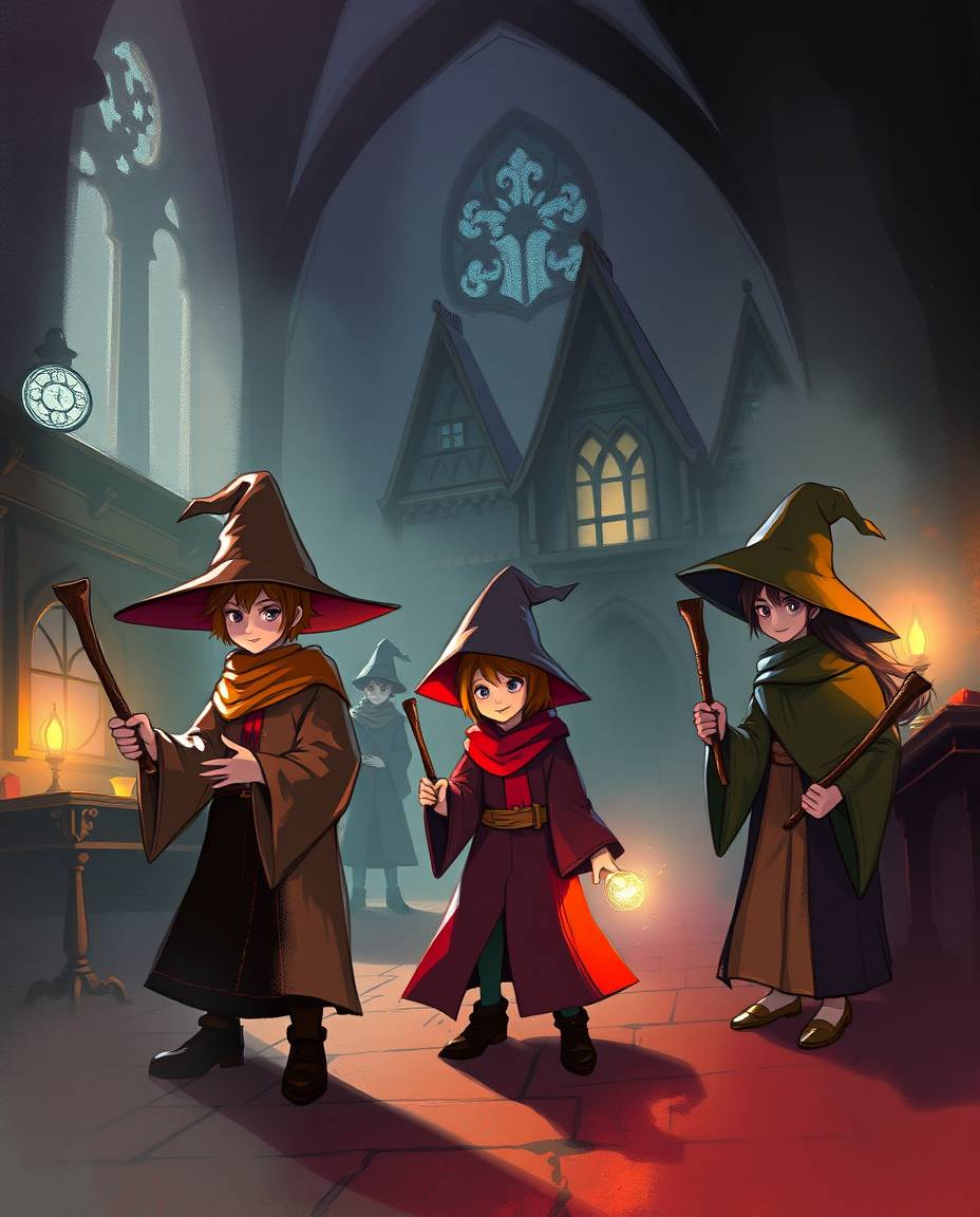 A captivating digital sketch depicts young wizards within a magical school, rendered in complementary epic colors. The artwo