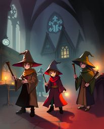 A captivating digital sketch depicts young wizards within a magical school, rendered in complementary epic colors. The artwo