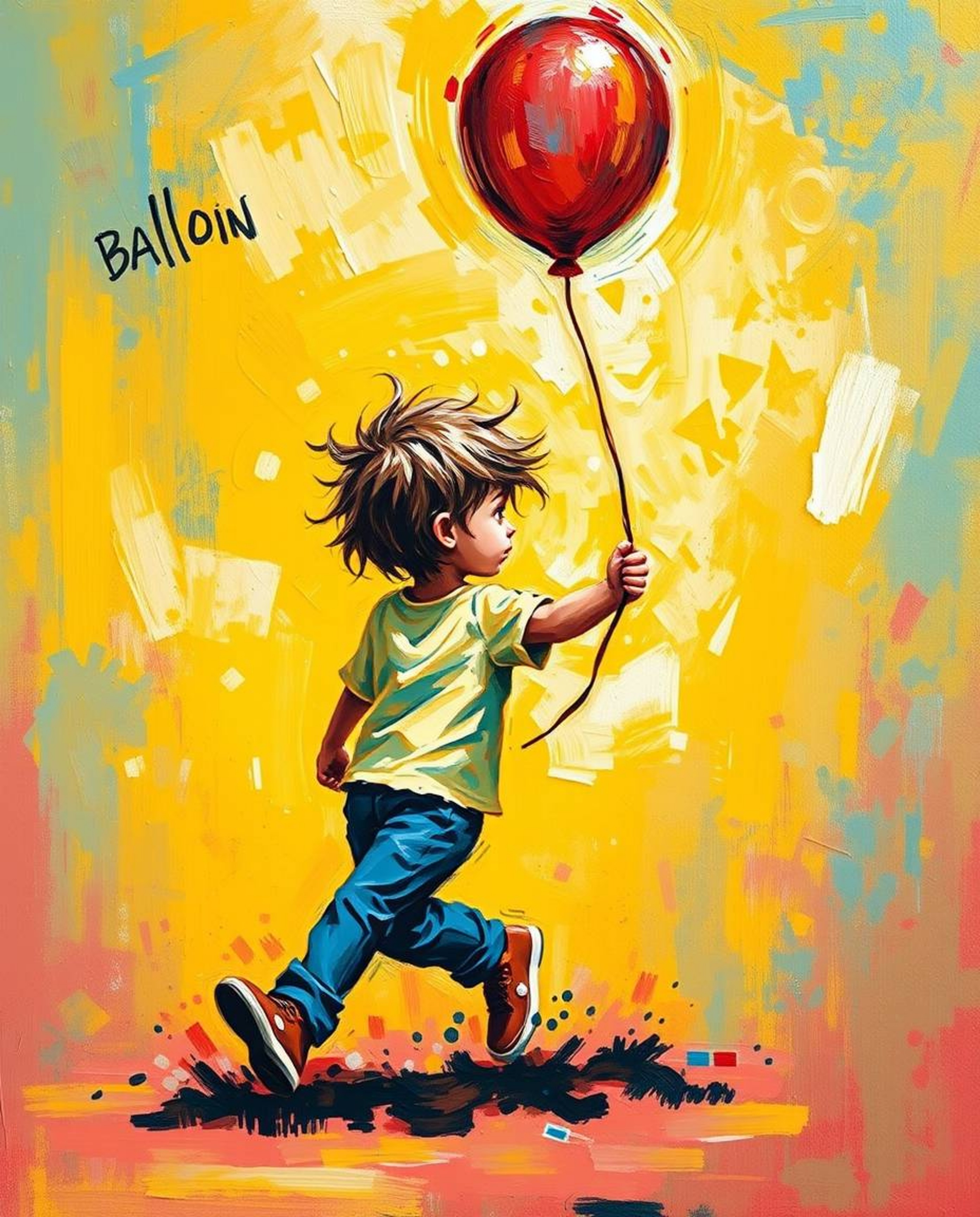 A captivating dynamic acrylic painting depicts a child in motion, joyfully holding a vibrant balloon.  The artwork utilizes t