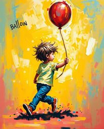 A captivating dynamic acrylic painting depicts a child in motion, joyfully holding a vibrant balloon.  The artwork utilizes t