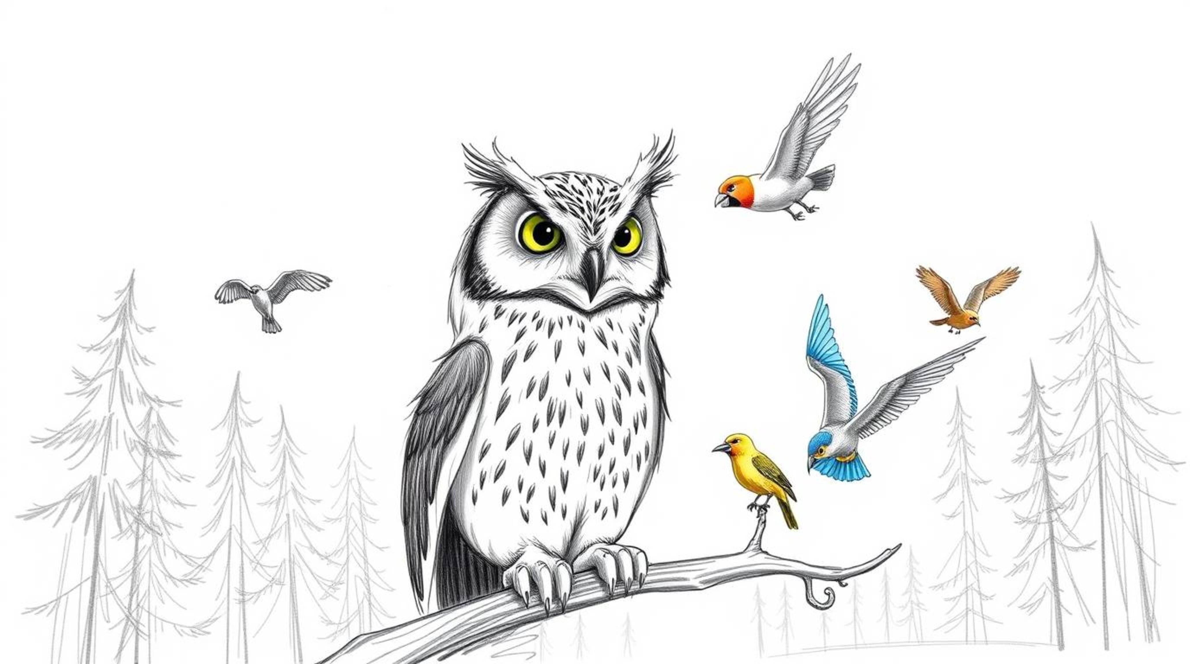 A captivating hand-drawn sketch in the style of Pixar, depicting a serene blind owl with meticulously detailed plumage guidin