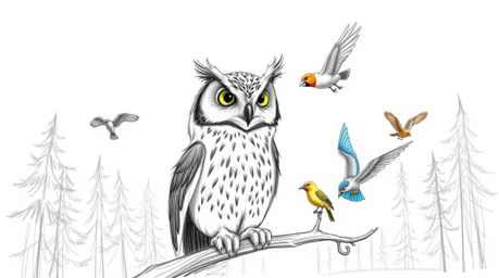 A captivating hand-drawn sketch in the style of Pixar, depicting a serene blind owl with meticulously detailed plumage guidin