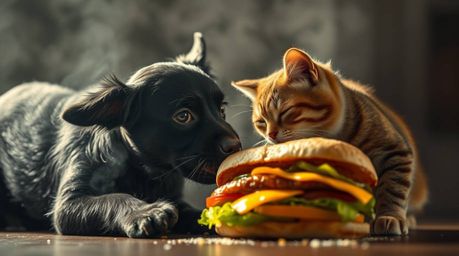 A dramatic scene unfolds in intense jet black as a dog and cat engage in a fierce struggle over a massive sandwich. Volumetri