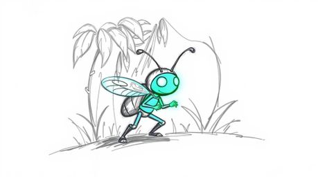 Discover a captivating hand-drawn sketch of a miniature hero embarking on an adventure through a vibrant backyard jungle.  Th