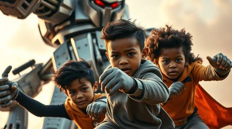 A captivating image depicts three superpowered children with diverse skin tones, determined expressions, bravely battling a t