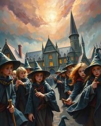 Explore a magical school brimming with young wizards, brought to life in a classic oil painting style. The artwork features r