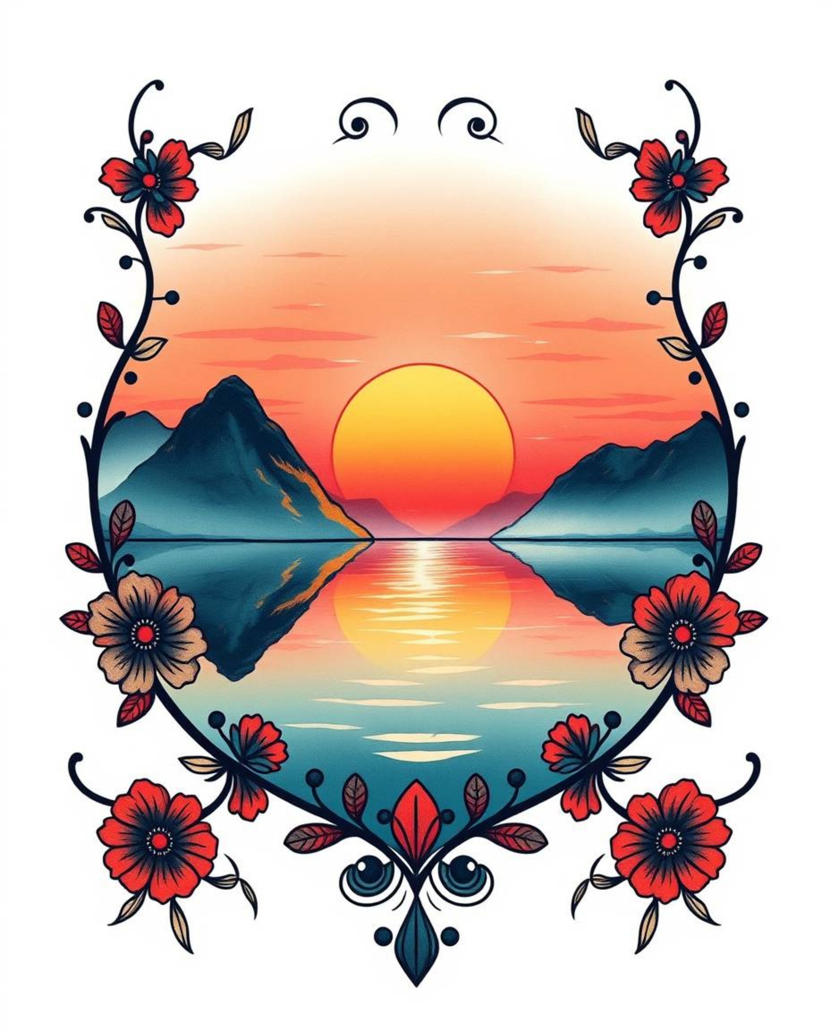 A traditional tattoo art print symbolically depicts the reflection of a sunset in a glassy fjord. Set against a white backgro