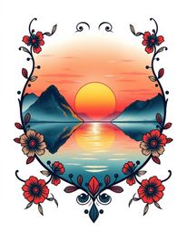 A traditional tattoo art print symbolically depicts the reflection of a sunset in a glassy fjord. Set against a white backgro