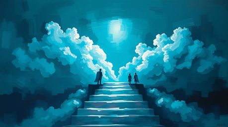 A rich, deep teal acrylic painting depicts bold strokes forming steps of light ascending into a cloudy sky, observed by angel