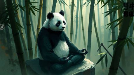 A captivating digital sketch showcases a martial artist panda engrossed in meditation within a serene bamboo forest.  Rendere