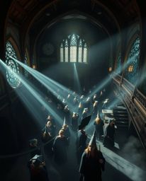 Experience the enchanting world of a magical school through a high-angle perspective, filled with young wizards immersed in t