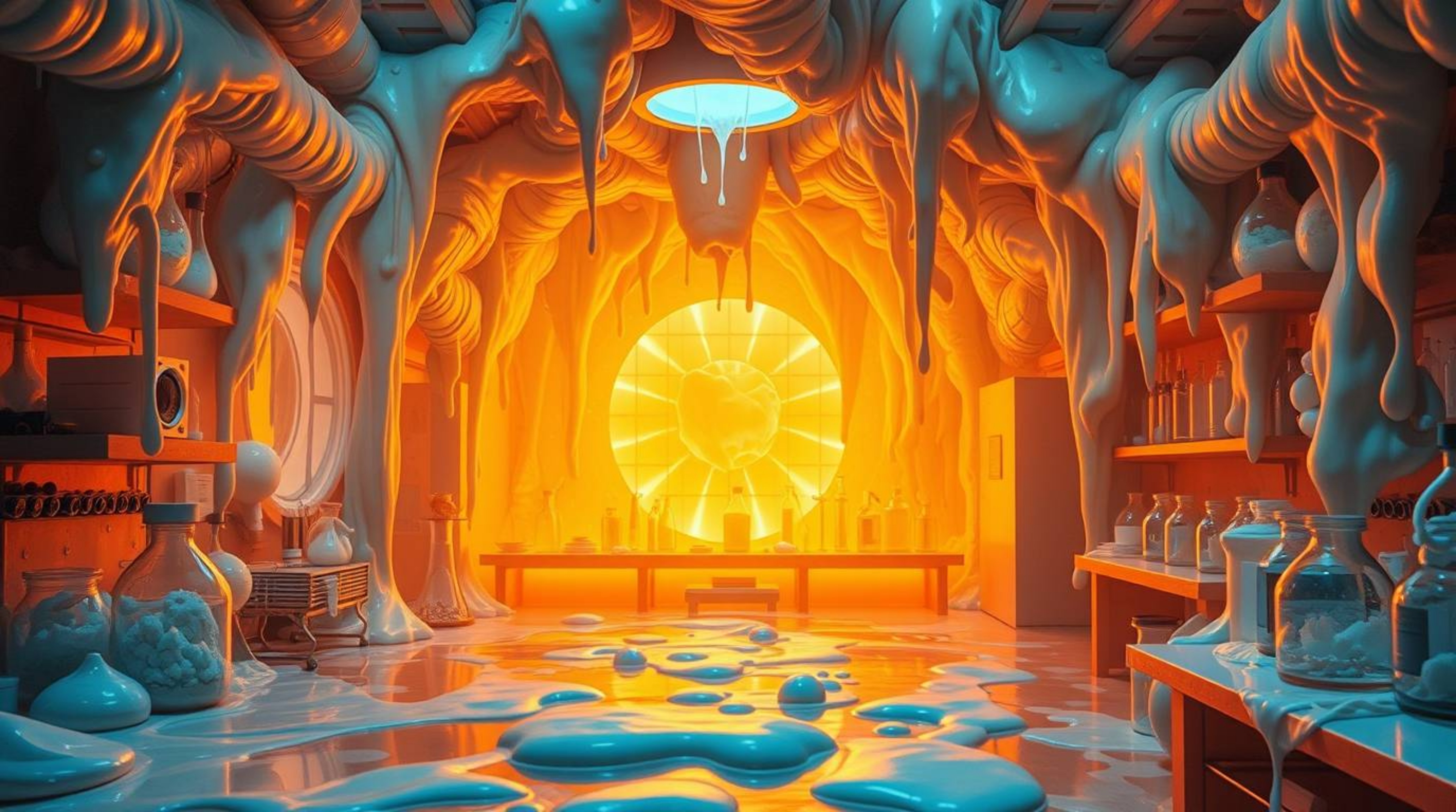 Discover a captivating image of a slime-covered science lab bathed in a warm, golden glow.  The scene evokes an ethereal and 