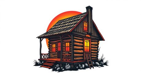 This symbolic traditional tattoo art print showcases a silhouetted old wooden cabin bathed in the vibrant colors of a sunset,