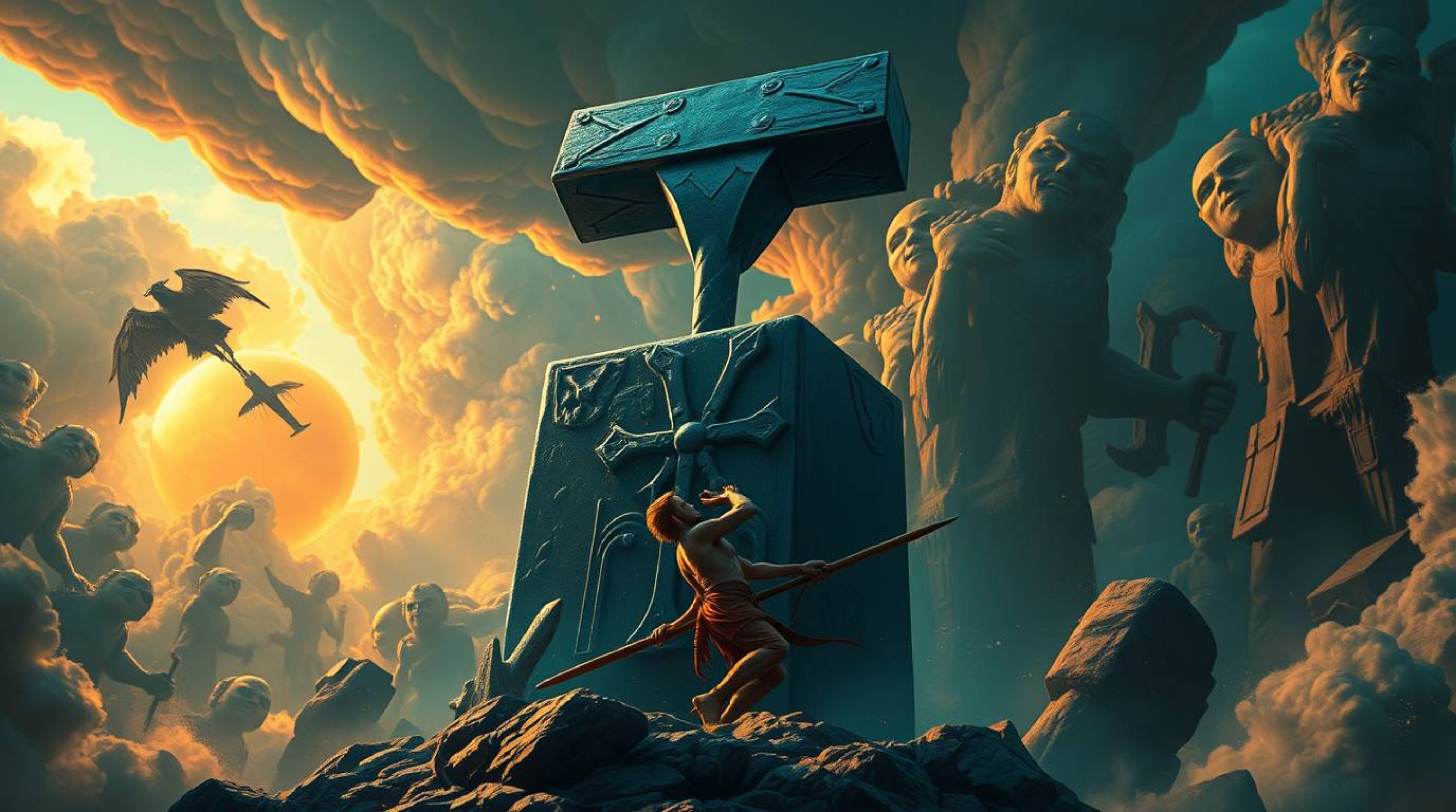 Explore a dreamlike and surreal world where an anvil is poised to drop on a trickster. This visually stunning artwork boasts 