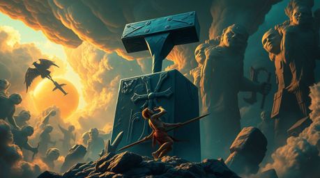 Explore a dreamlike and surreal world where an anvil is poised to drop on a trickster. This visually stunning artwork boasts 
