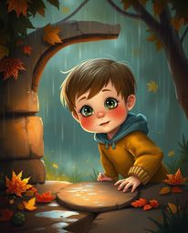A captivating digital painting portrays a child with rosy cheeks and bright, inquisitive eyes as they stumble upon a magical