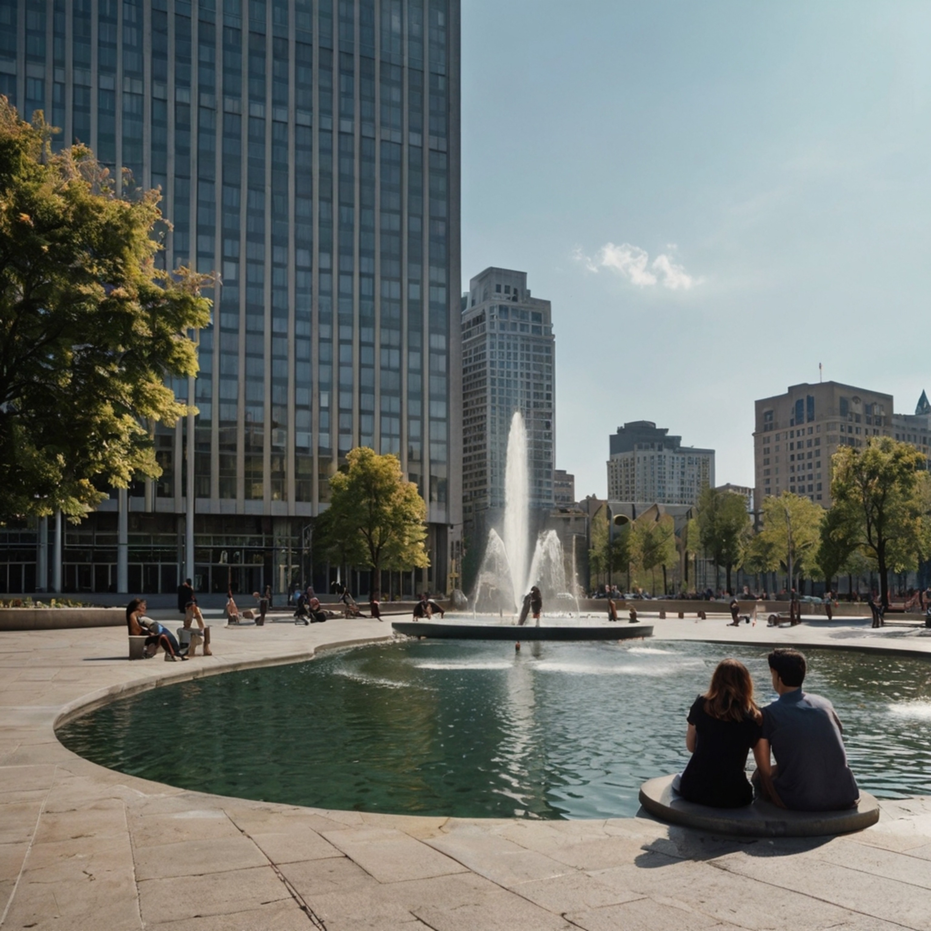 This vibrant urban plaza features a striking modern sculpture and inviting fountains, creating a welcoming atmosphere for peo
