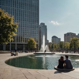 This vibrant urban plaza features a striking modern sculpture and inviting fountains, creating a welcoming atmosphere for peo