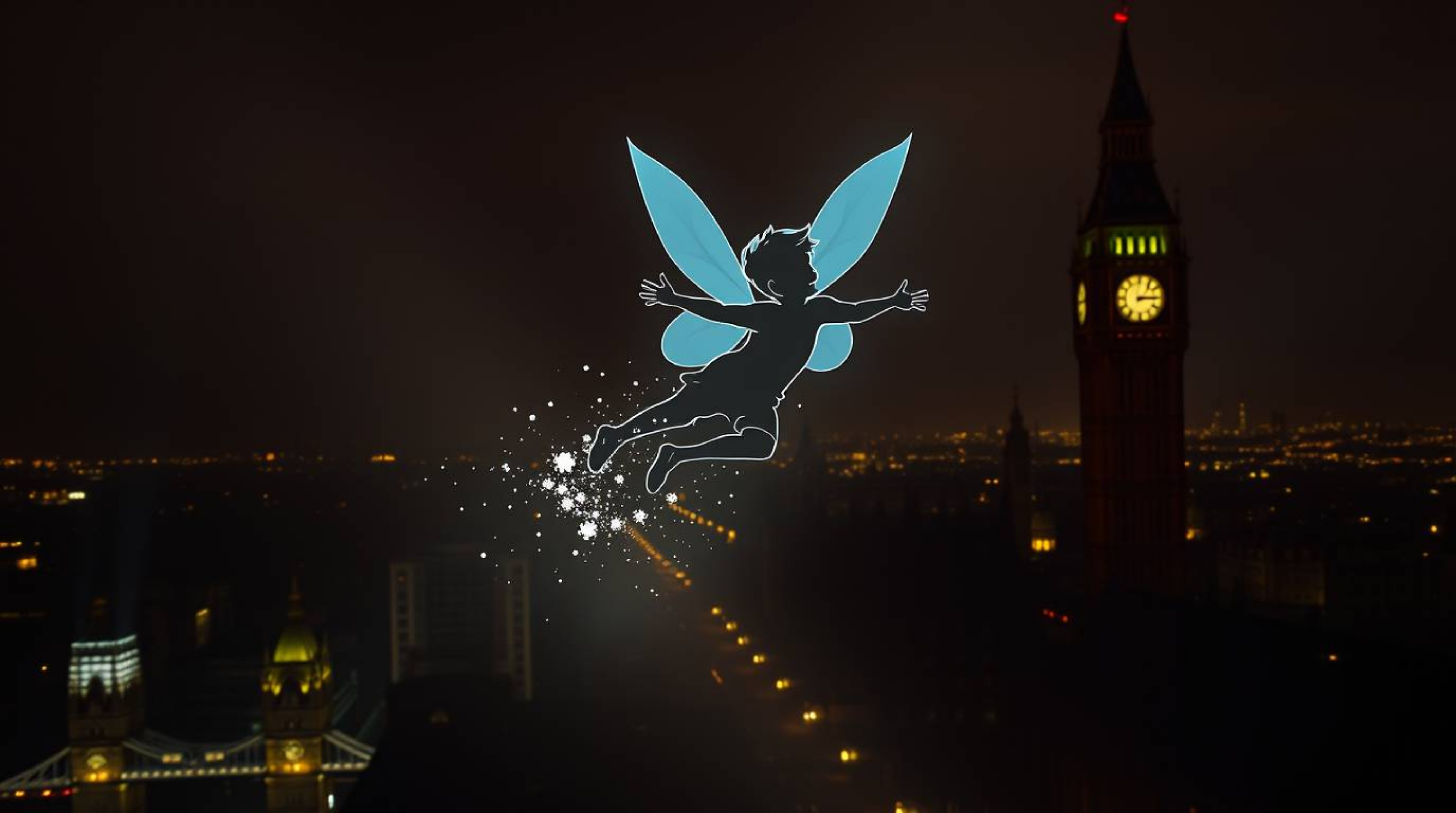 This artwork features a geometric logo inspired by intense dramatic lighting, depicting a young boy soaring above London with