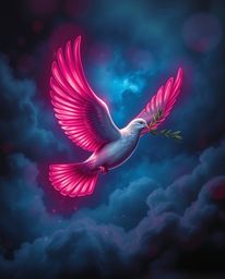 A captivating piece of artistic light art features a dove carrying an olive branch, soaring through a dramatic, stormy sky.  